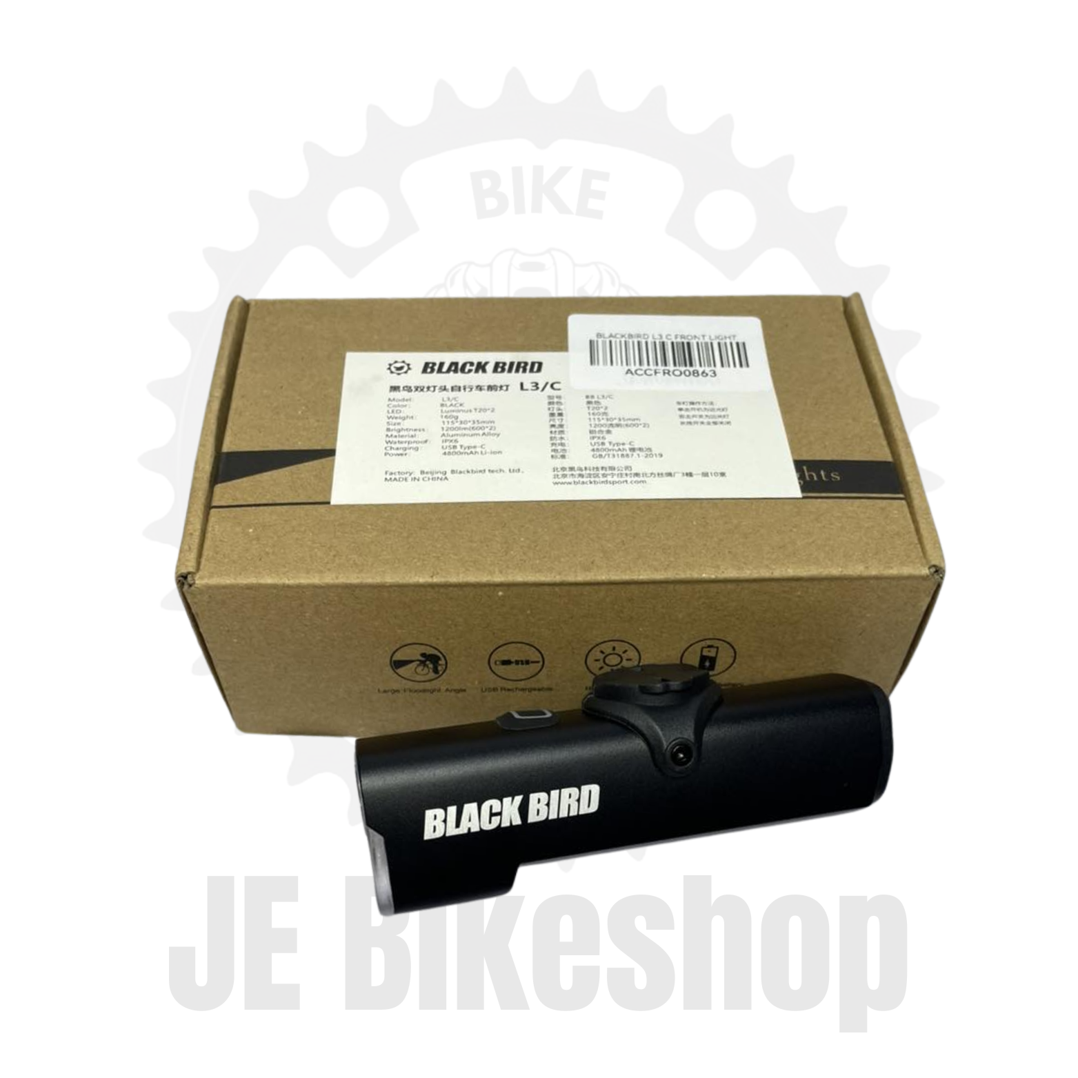 BLACKBIRD BIKE L1C  FRONT LIGHT WITH USB CHARGER, 8 HOURS RUN TIME, 400 LUMENS, 2000mAH BATTERY WATERPROOF